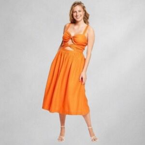 NOEL Dress 2X Orange Cutout Midi Dress Linen Blend Bow Front Smocked Back